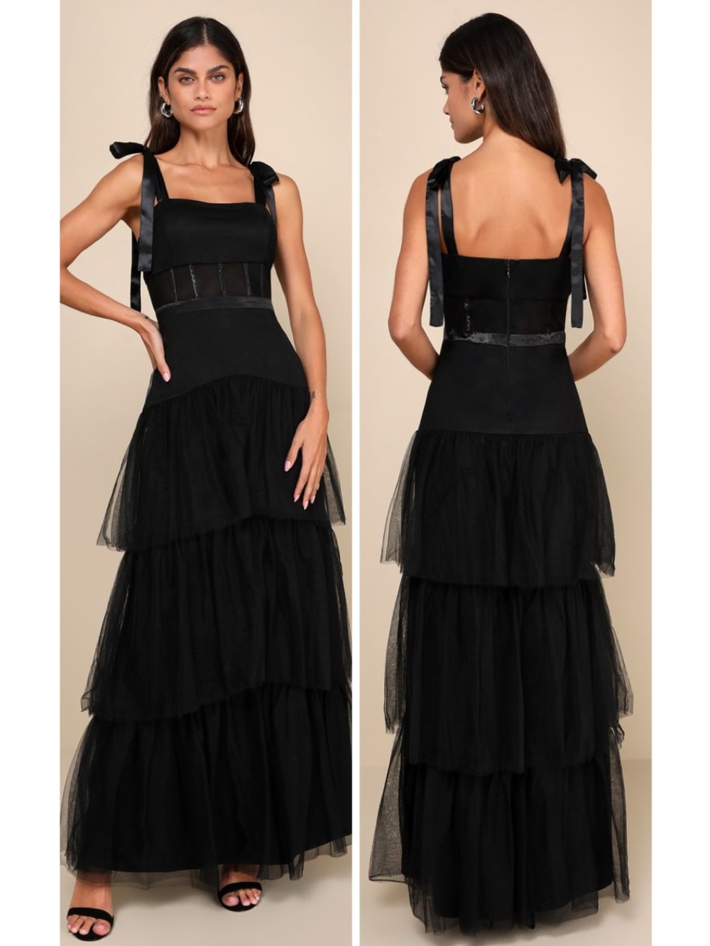 Lulus Enticing Mystique Black Tulle Tie-Strap Tiered Maxi Dress Size Small NWT